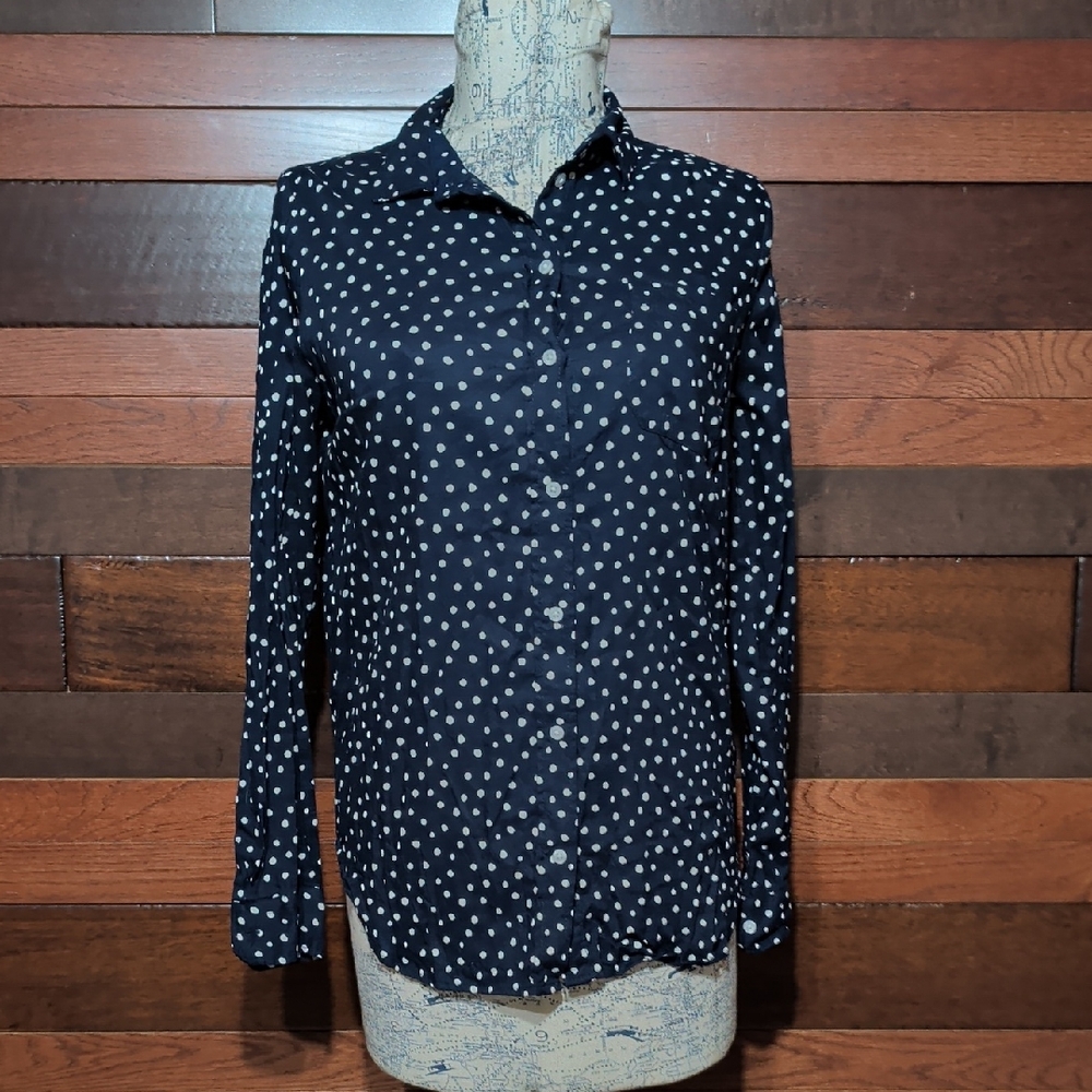 Old Navy Dark Blue Polka Dot Button Down Blouse